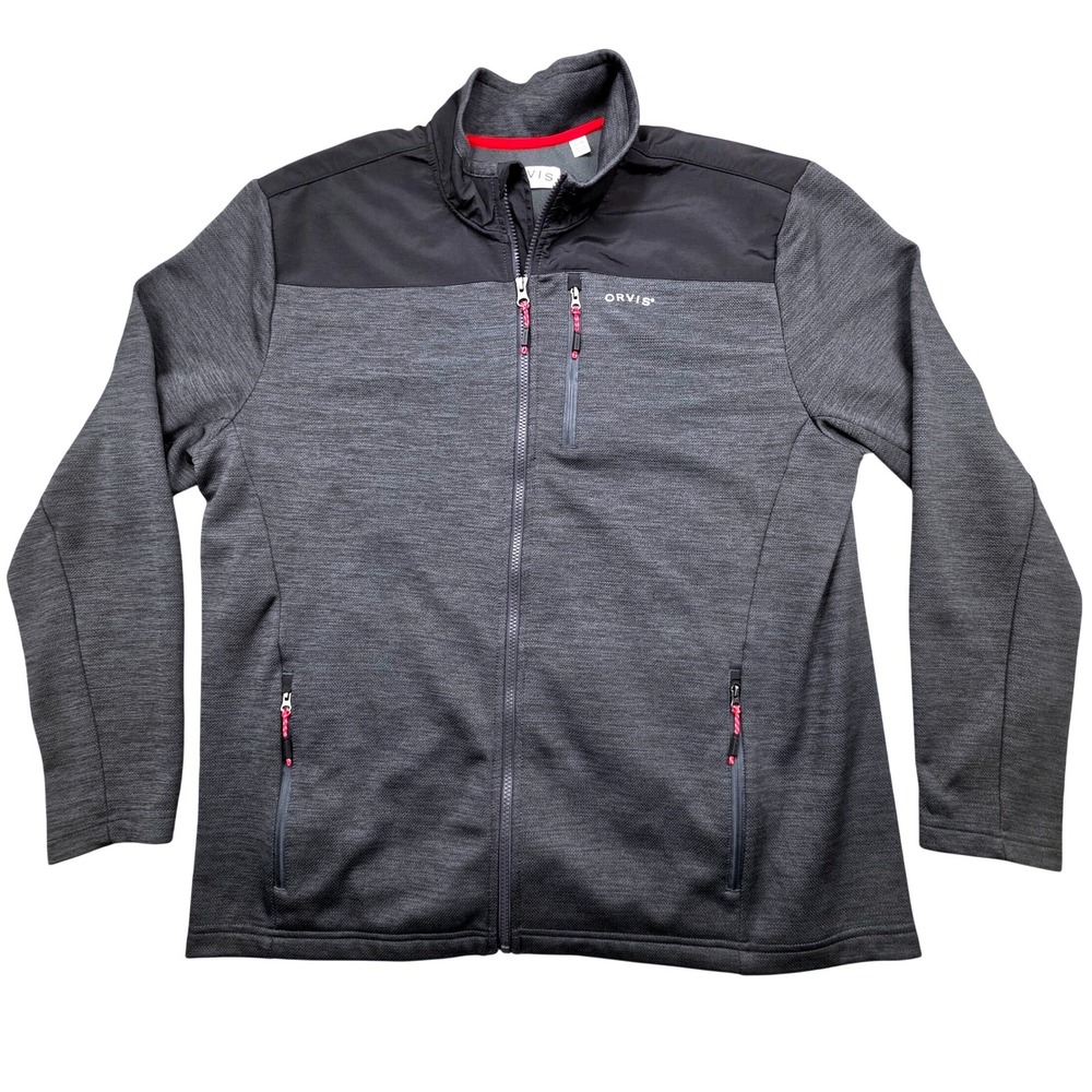 Orvis Mens XL Full Zip Fleece Lined Jacket Grey Black Textured Mock Neck Coat